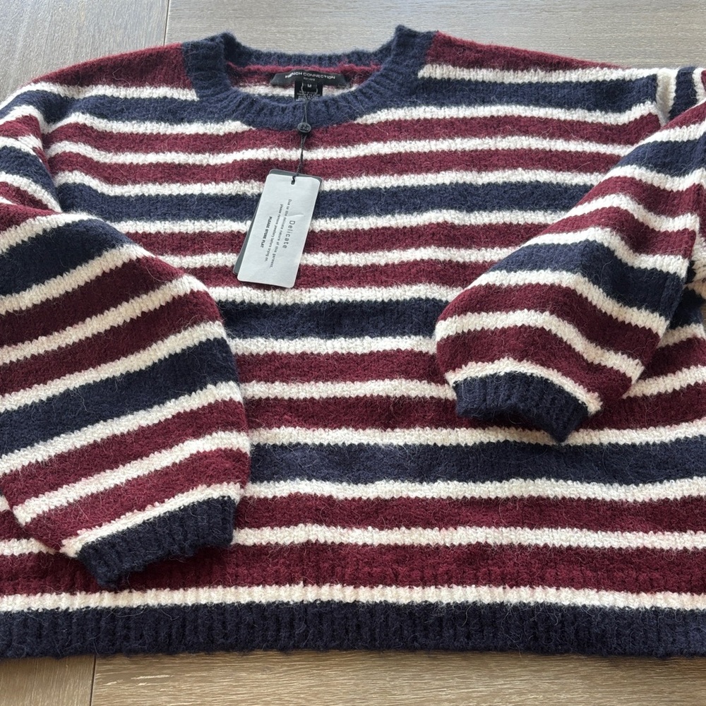 French Connection Striped Crewneck Sweater - Navy, Burgundy & Cream